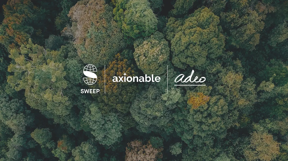 A birds-eye view of leafy trees, with the logos of Sweep, Axionable and Adeo overlaid on it