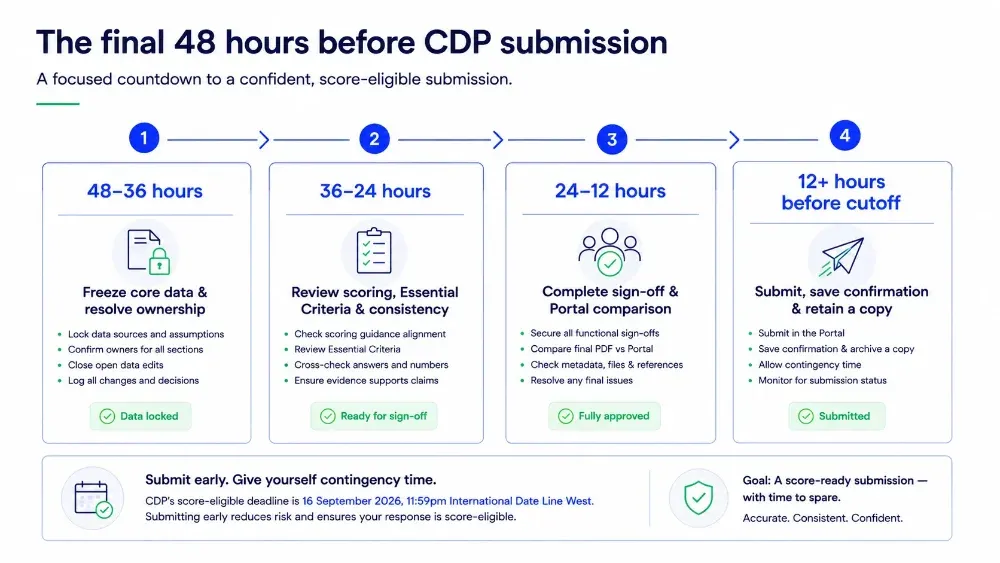 Final 48 hours before CDP submission countdown covering data freeze, scoring review, sign-off and early submission.